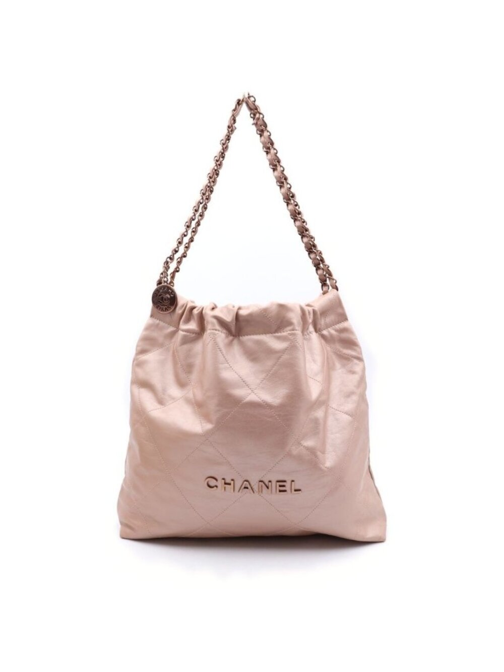 Chanel 22 Small Chain Shoulder Bag Calfskin Leather Gold Metallicpink Plate